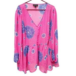 Lane Bryant Top Women's 30/32 Pink Relaxed V Neck Babydoll Blouse Sheer